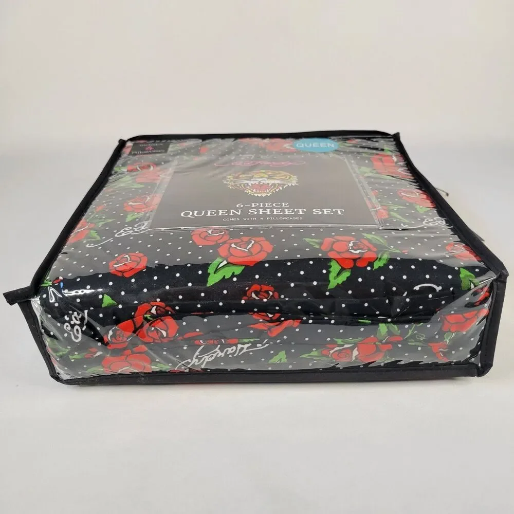 Ed Hardy QUEEN Sheets Set 6pc Black White Polka Dots Red Rose Tattoo Print Signa